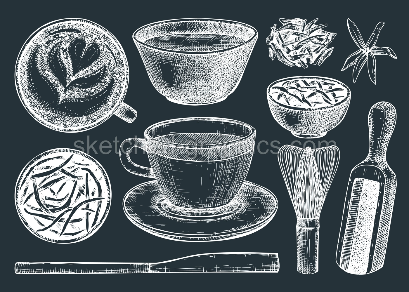 Hand-sketched green tea drinks and ingredients collection on chalkboard. Vector sketches of hot beverage cups, dried leaves, jasmine blossoms. Popular tea drawings for menu design. Illustration